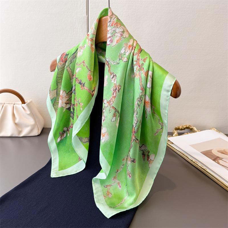 Luxury 70X70Cm Square Silk Scarf For Women Van Gogh Apricot Branch Print Shawl Wrap Fashion Accessory Hair Tie Bandana Hijab New
