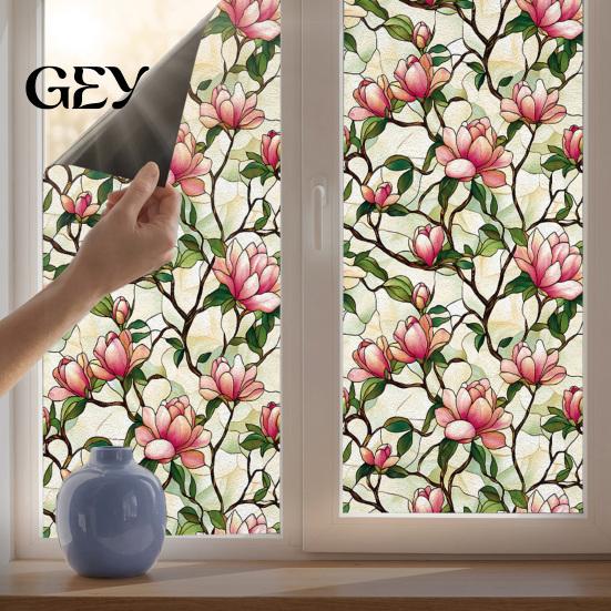 Thermal Insulation Window Decal Stained Glass Privacy Film, Flower Wall Decals, UV Blocking Tearable Sunlight Protection Film Floral Stickers