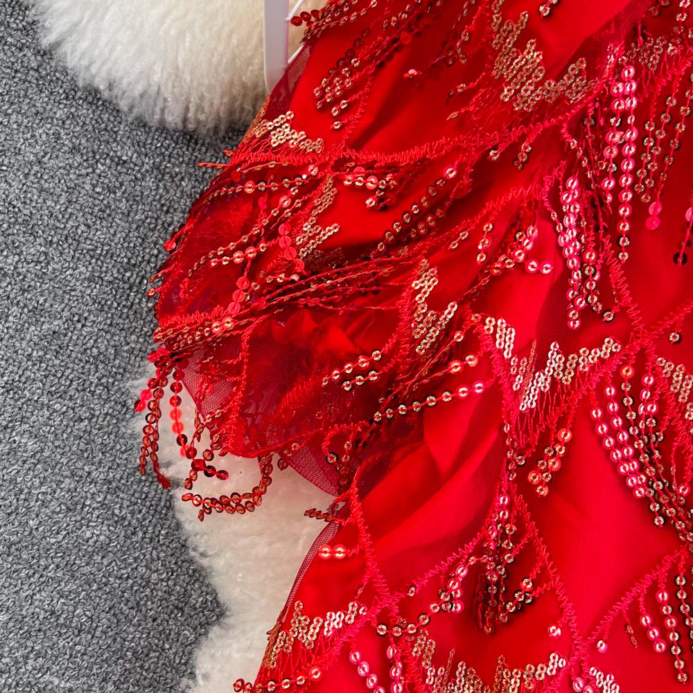 Elegant Summer A-line Sequin Tassel Dress - Short Sleeve, Round Neck, Loose Fit