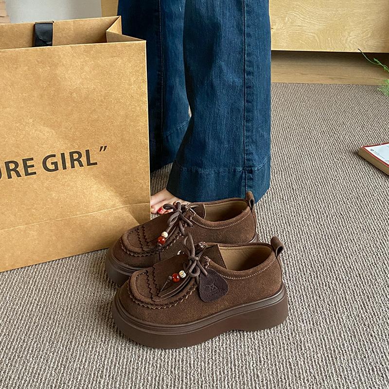 Fashion 5CM Women‘s Casual Loafers Anti-Fur Leather Derby Shoes Tassel Design Heightening Monk Shoes Slip-On Comfortable Rubber Sole