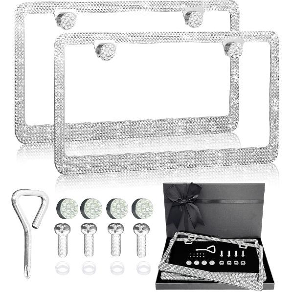 Bling Rhinestone License Plate Frame for Women 2PC, Sparkly Stainless Steel Frames & Over 1200 pcs Finest 14 Facets Black Glass Crystals Premium