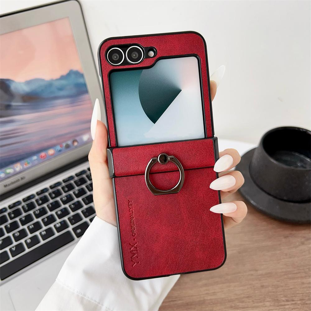 

For Samsung Z Flip 7 FE Leather Finger Ring Bracket Phone Case for Galaxy Z Flip 7 6 5 4 3 3in1 Hinge Protection Cover Z Flip 6