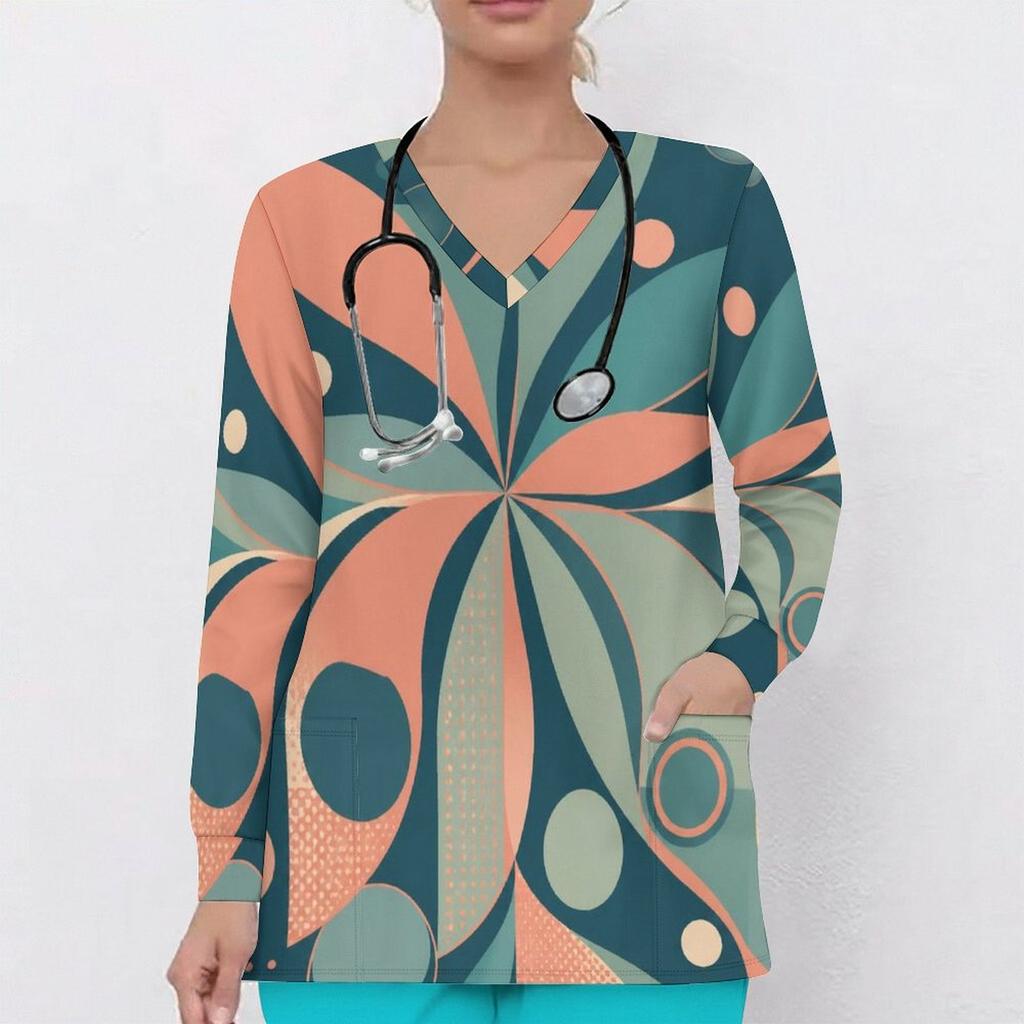Women Plus Size Floral Leaf Print Scrub Top V Neck Long Sleeve With Front Pockets