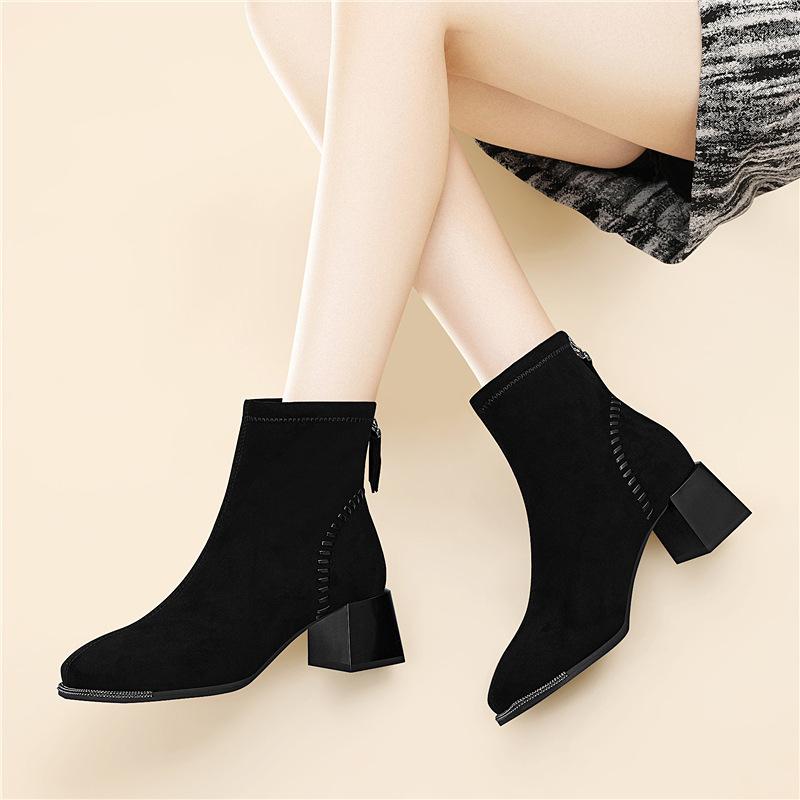 Autumn and Winter New Black Velvet Thick-heeled Short Boots Suede Thin Boots Square High-heeled Chelsea Boots Cotton Shoes