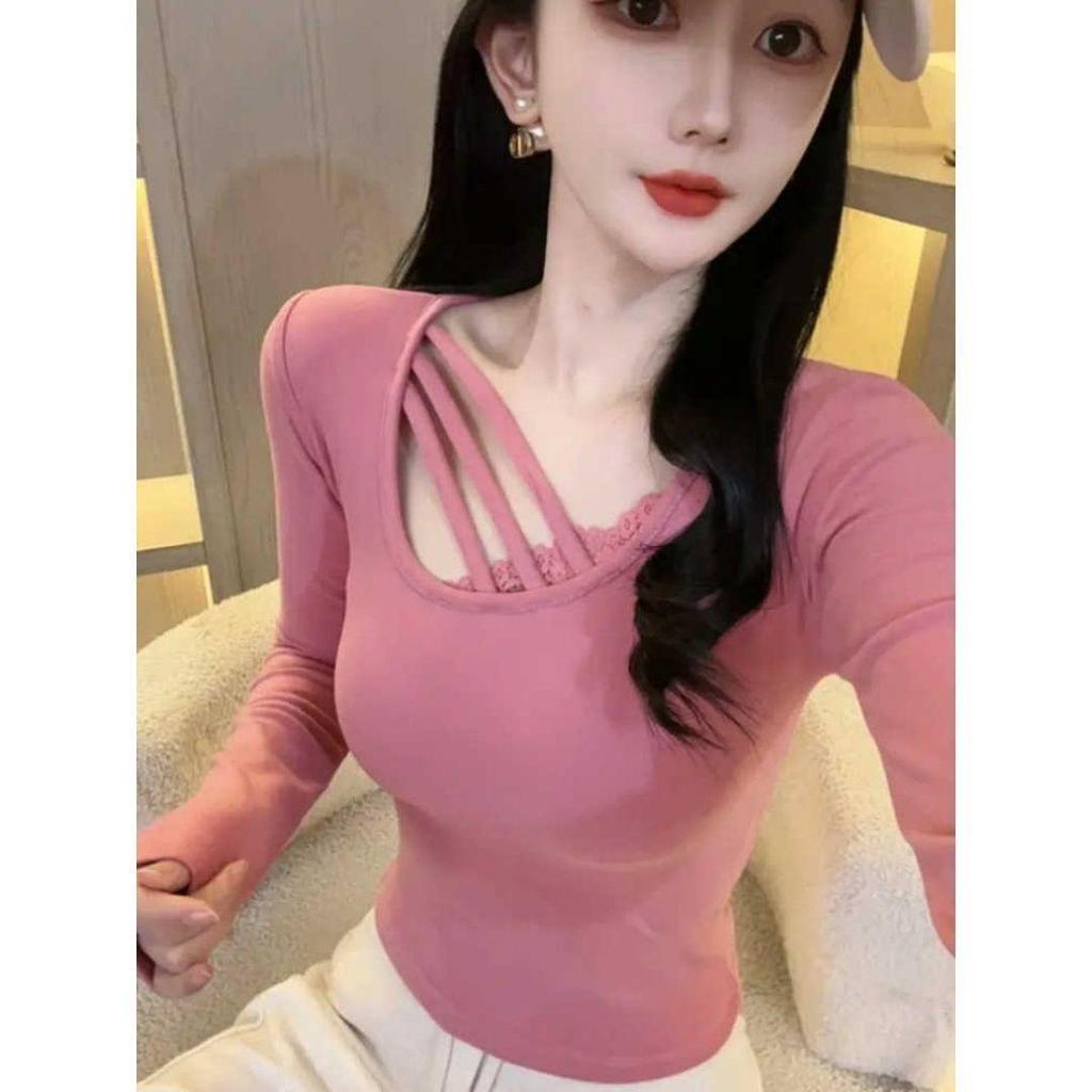 Plus Size Velvet Patchwork Slimming Lace Long Sleeve Top – Women's Autumn/Winter Korean Style Base Layer Shirt
