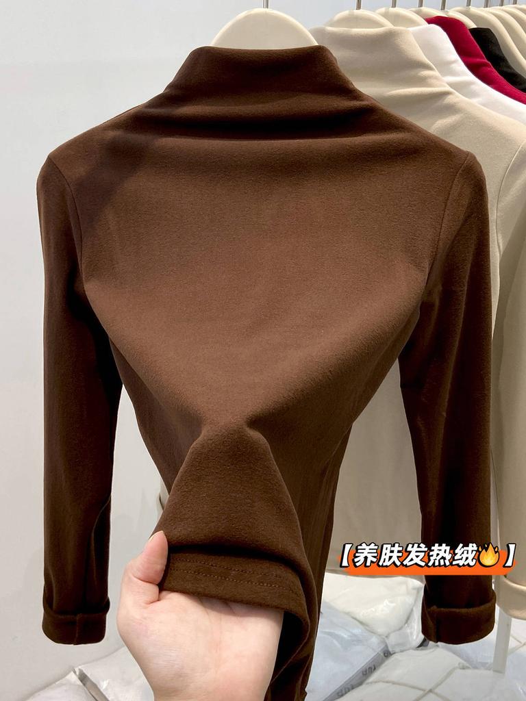 Double-sided German velvet inner top women's spring semi-turtleneck long-sleeved T-shirt temperament versatile bottoming shirt
