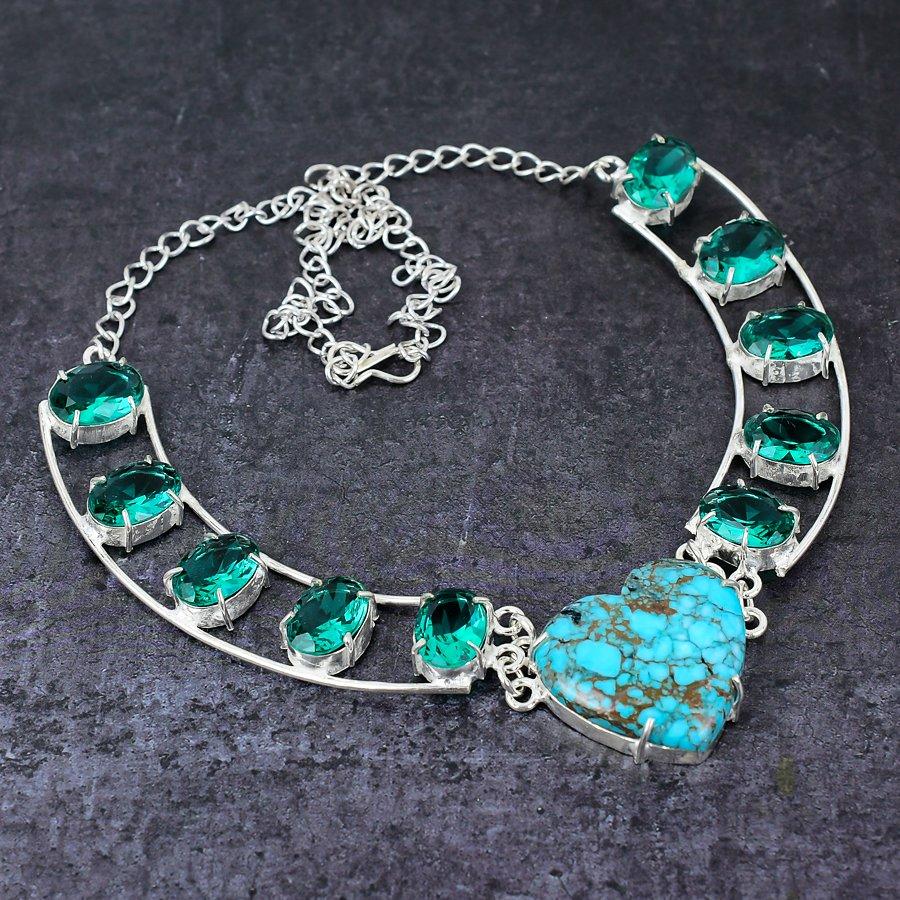 Natürlicher Türkis, Turmalin-Edelstein, 925er Sterling-Silber, Geschenk-Halskette, 45,7 cm, v4s59