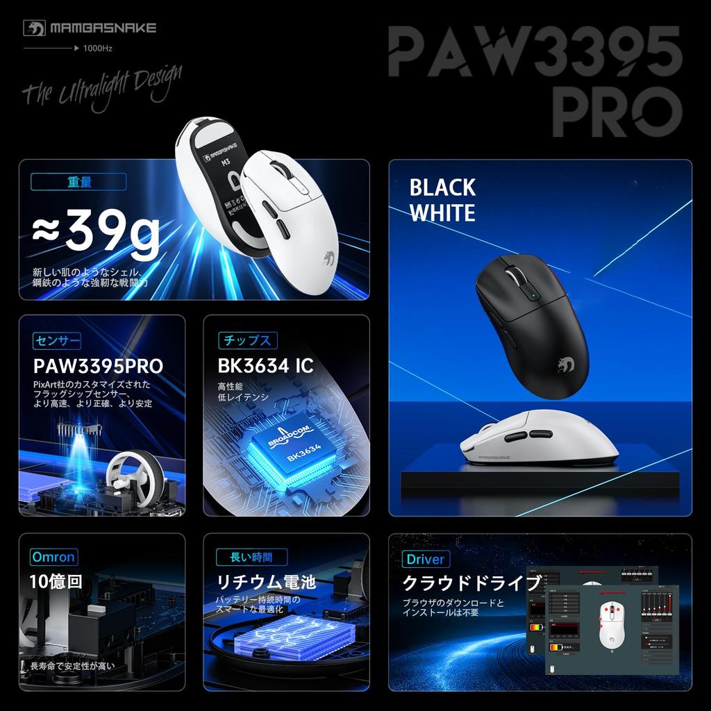 MAMBASNAKE M3 Wireless Gaming Mouse, Ultra-Lightweight (39±2g), PAW3395PRO, 40000DPI, Broadcom BK3634, Fits Medium To Large Hands,