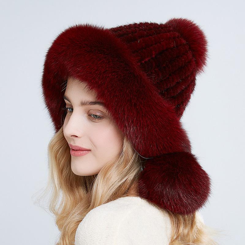 Winter Real Mink Fur Hat for Women Fox Fur Pompom Ear Protect Caps Warm Lined Knitted Fur Beanie Hat With Custom Logo