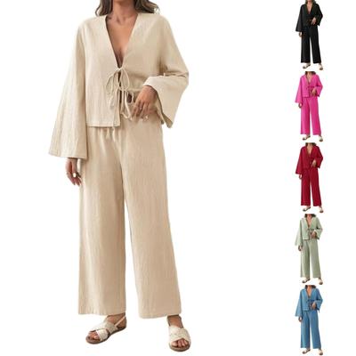 Women's Fashion Casual Lace-up Long Sleeve Top With Pockets And Elastic Waist Pants Set