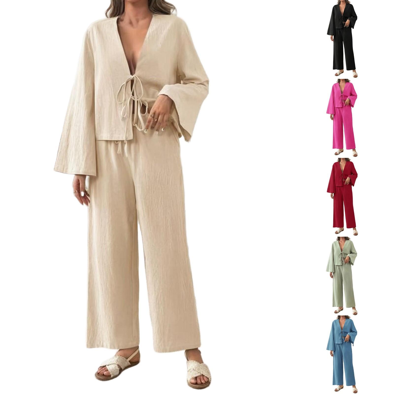 

Women s Fashion Casual Lace-up Long Sleeve Top With Pockets And Elastic Waist Pants Set L чорний