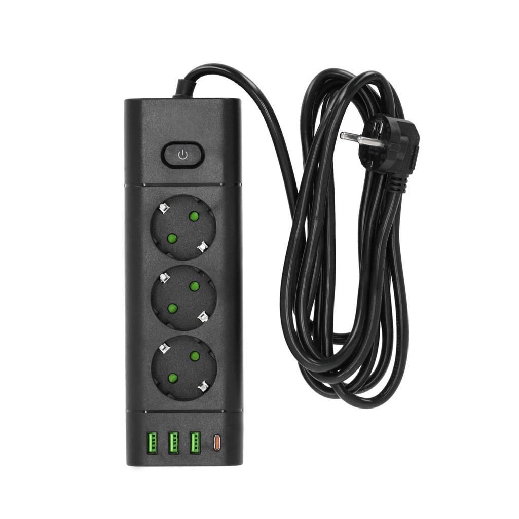 Extension Cord 3 SCHUKO Sockets + 3x USB-A + USB-C, 3 , Black, with Grounding and Switch