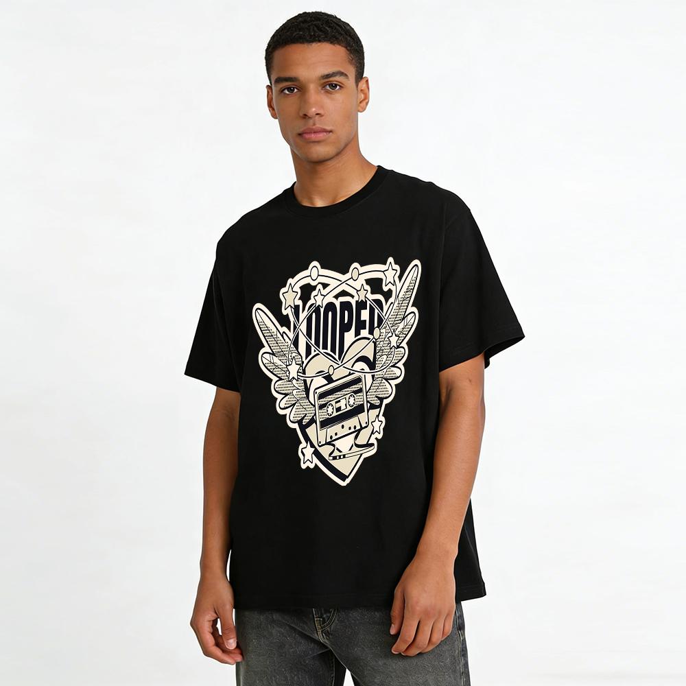 Vintage Cassette Wings LOOPER Graphic Tee Retro American Style Unisex Loose Crewneck Short Sleeve Pure cotton T-shirt