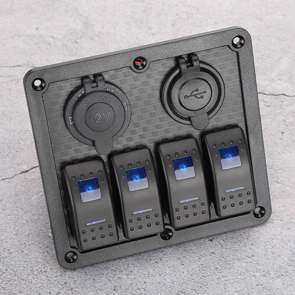 12V 24V 4 Gang Rocker Switch Panel IP65 Waterproof with Lighter Socket 2 USB for Car Boat