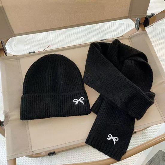 2Pcs/Set Children Hat Scarf Set Bow Knitted Hood Windproof Neck Scarf Set Thickened Soft Warm Cozy Autumn Winter Wear