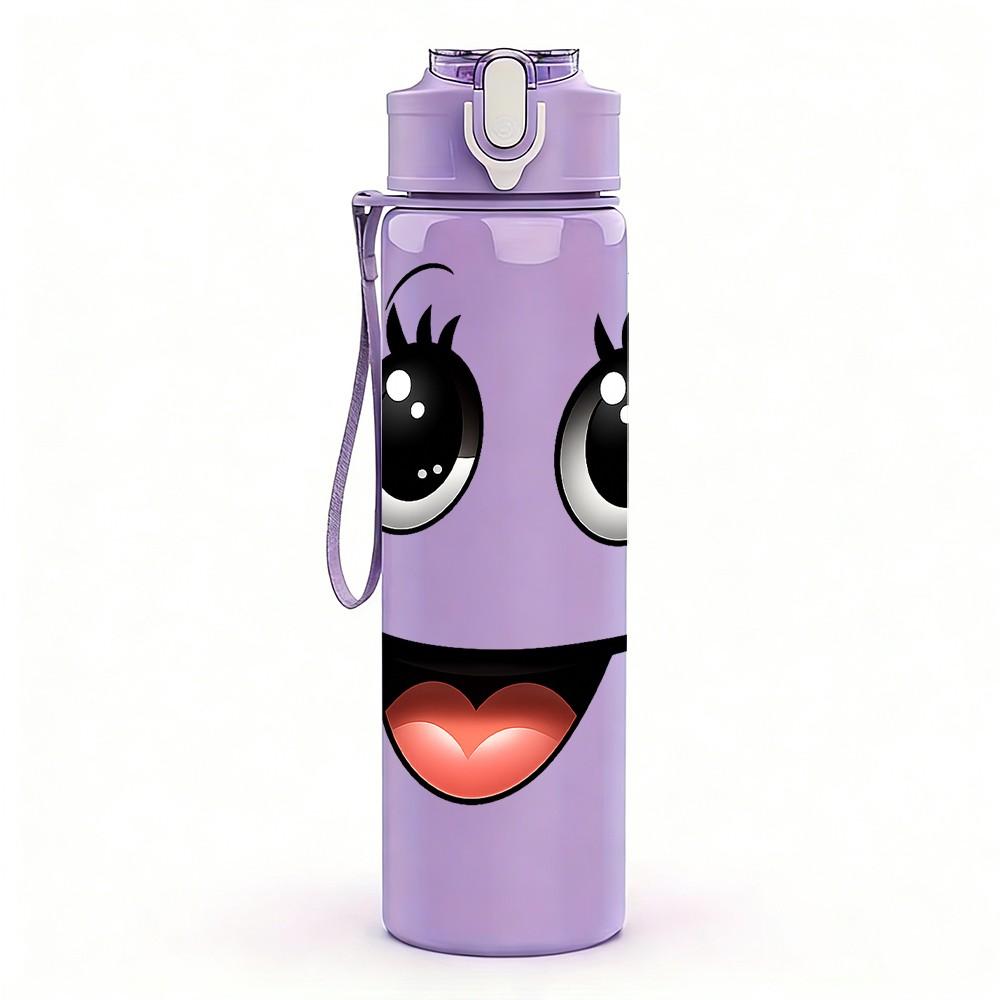 1PC Big Eyes Tongue Out Funny Cartoon Face Print 750ml Color Plastic Sports Water Bottle Leakproof Flip Straw Lid Suitable for Sports Office Home Use