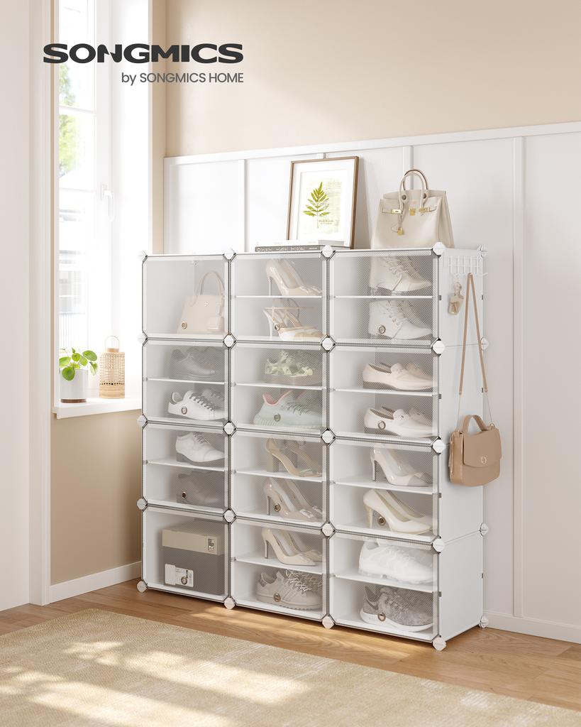 SONGMICS Shoe Rack Organizer, 12-Tier Shoe Storage Cabinet for Closet and Entryway, Holds 48 Pairs, Adjustable, Cloud White and Trasparent ULPC040W01