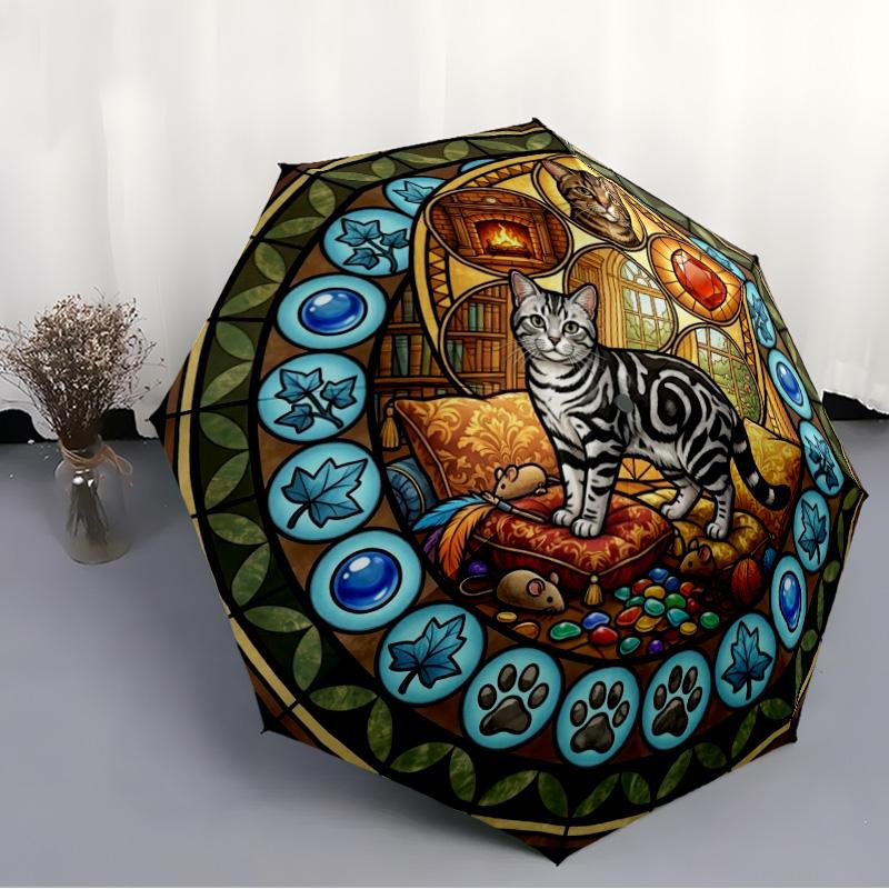 Glass Cat Fantasy pattern umbrella, portable and foldable design, 8 ribs, a casual accessory for Halloween, Christmas, and birthday gifts.