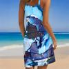 Women Plus Size Sleeveless Round Neck Dress Black Base Light Pink Palm Leaf Print Irregular Hem Loose Beach Dress
