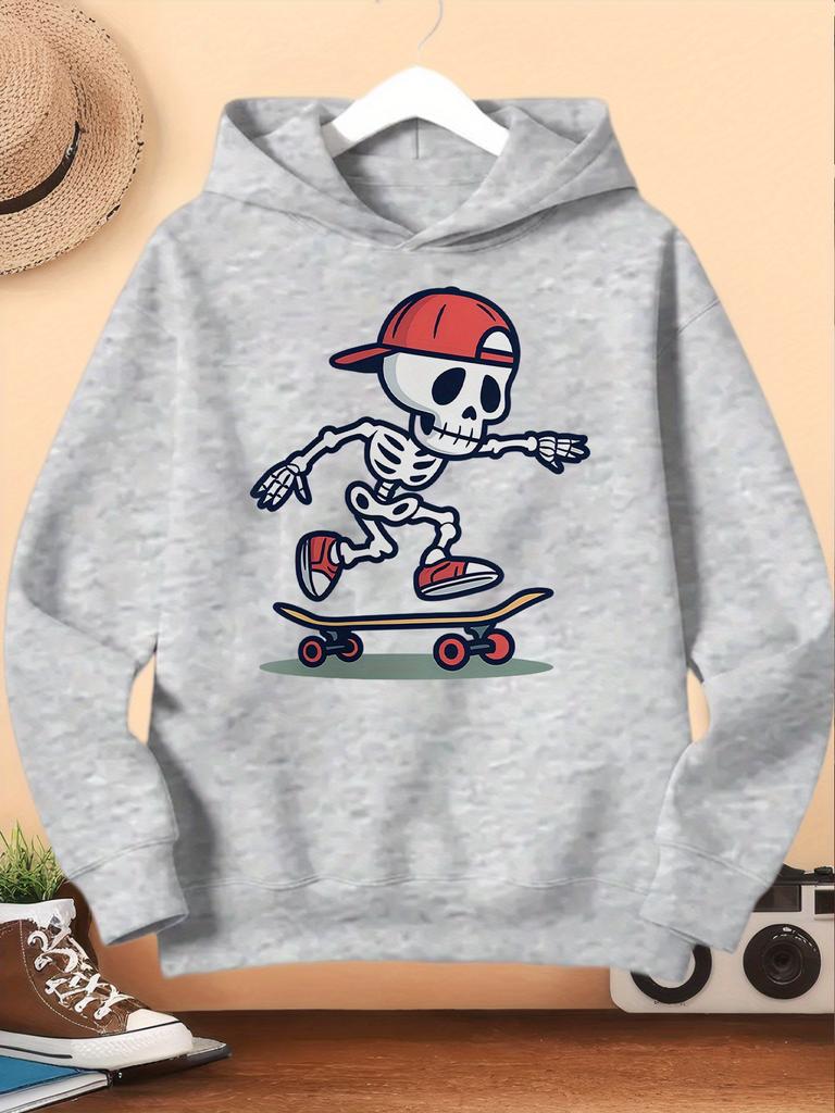 Children Hoodie Cartoon Skeleton Skateboarder Graphic Print Long Sleeve PulloverSweatshirtCasual Kids Sport Tops For Autumn Daily Outdoor Wear Fashion