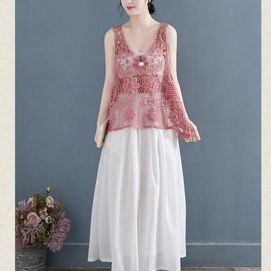 Vintage Women's Lace Vest Summer Thin Jacquard Vest Cotton Black Loose Openwork Embroidered Vest