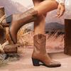 Fashion Retro Pointed-Toe Western Cowboy Boots Thick Heel British Style Embroidered Mid-Calf Knight Leather Boots Versatile Knight Boots