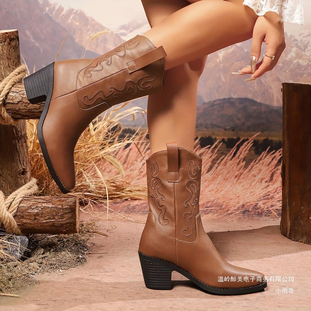 Fashion Retro Pointed-Toe Western Cowboy Boots Thick Heel British Style Embroidered Mid-Calf Knight Leather Boots Versatile Knight Boots
