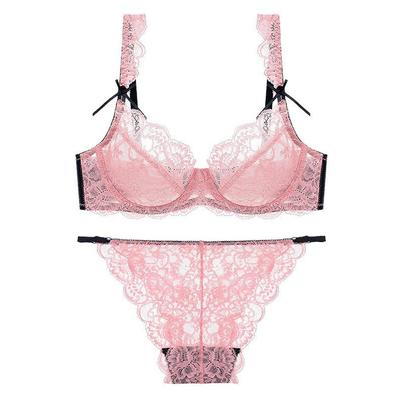 Sexy Lace Ribbon Bra Underwear for Women Bra and Shorts Set Pink S [MR Collection]