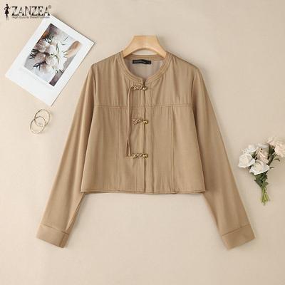 Women Casual Round Neck Solid Color Loose Long Sleeve Blouse