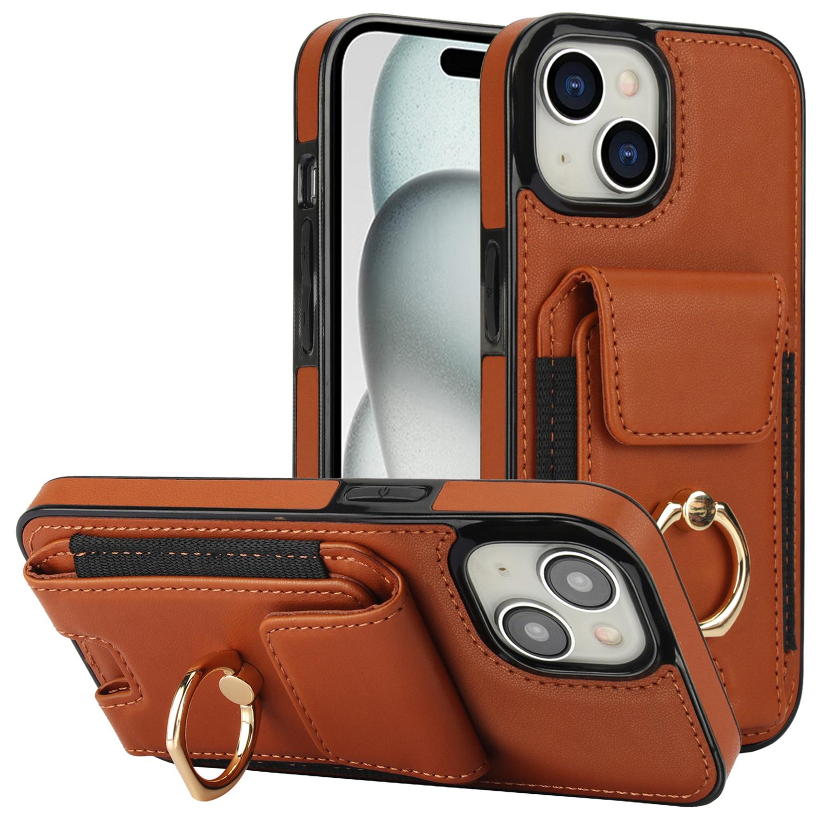 

For iPhone 15 Plus Kickstand Case Drop-proof PU Leather+TPU Phone Protector Brown