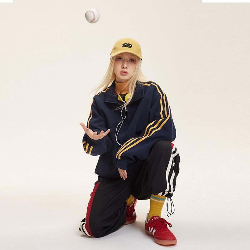 

Three-bar Cardigan Jacket Men s Autumn New American Stand-up Collar Loose Double-headed Zipper Ruffian Jacket M