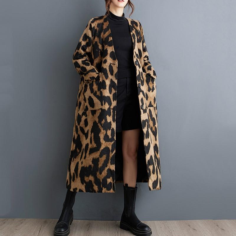 Oversized Vintage Leopard Casual Løs Lang Vår Høst Frakk for kvinner Jakke Klær Yttertøy