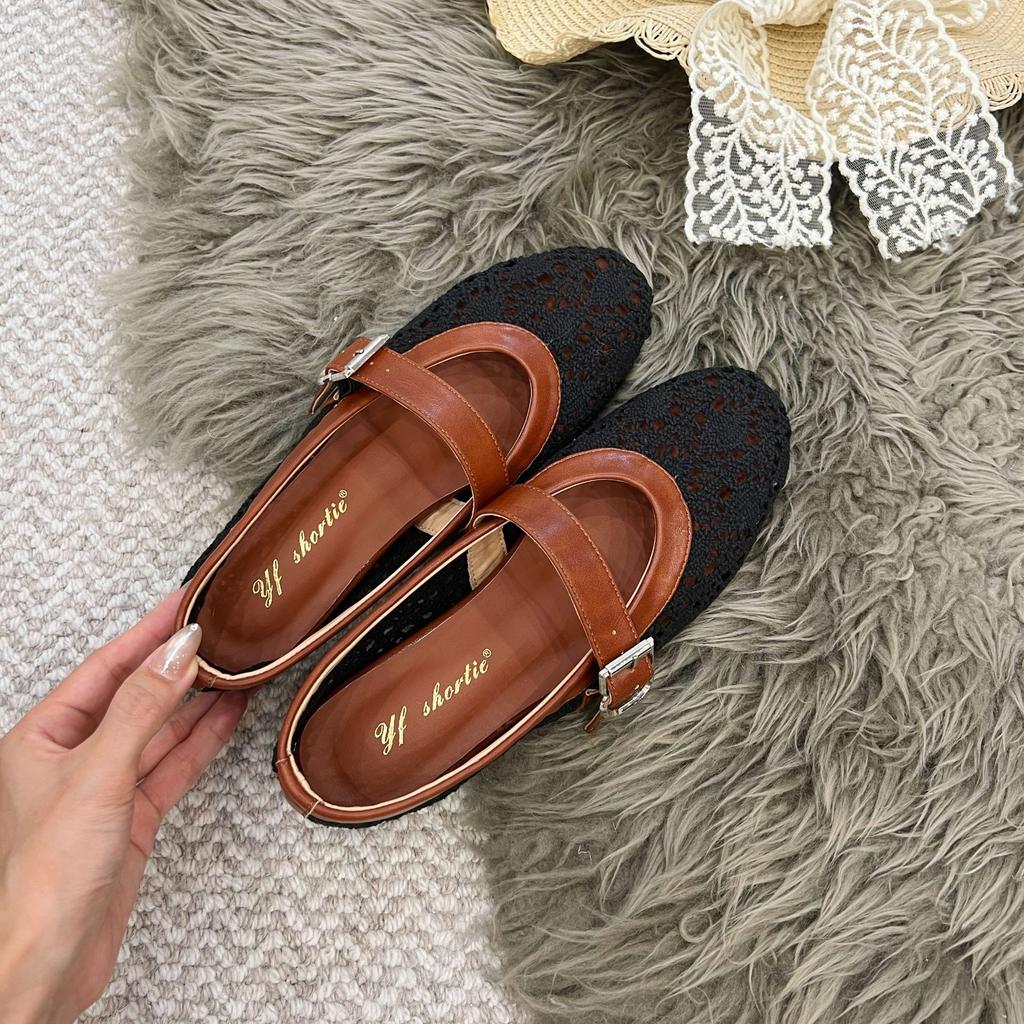Inner Heightening Women's Shoes Breathable Hollow Woven One-word Strap Single Shoes 25 Summer New Casual Splicing Round Head Grandma Shoes