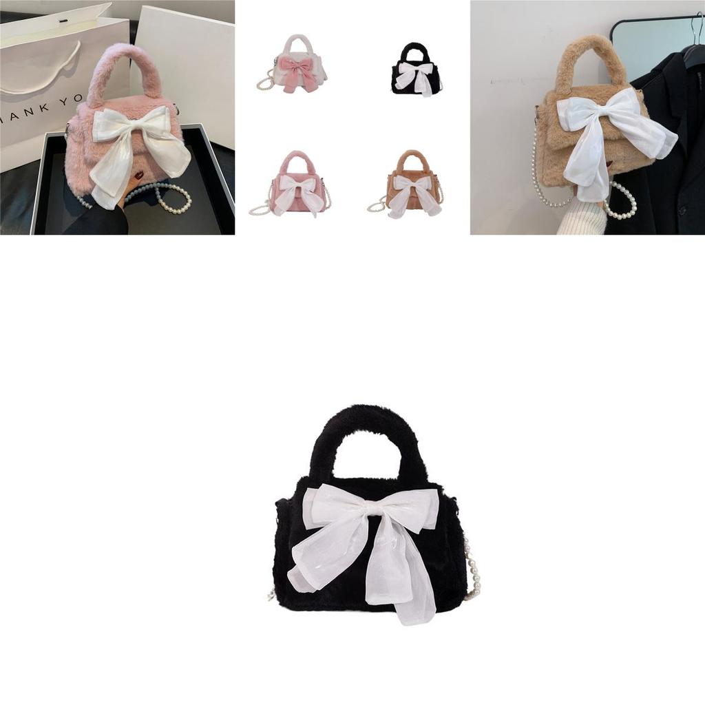 Adorable Plush Shoulder Bag With Cute Bow For Girls Trendy Fluffy Commuter Purse
