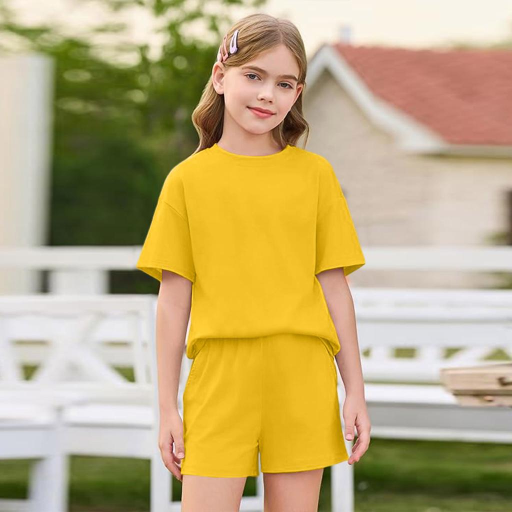 Girls Short Sleeve T Shirt and Shorts Set Soft Fabric Round Neck Relaxed Fit Casual Outfit for Kids and Teens
