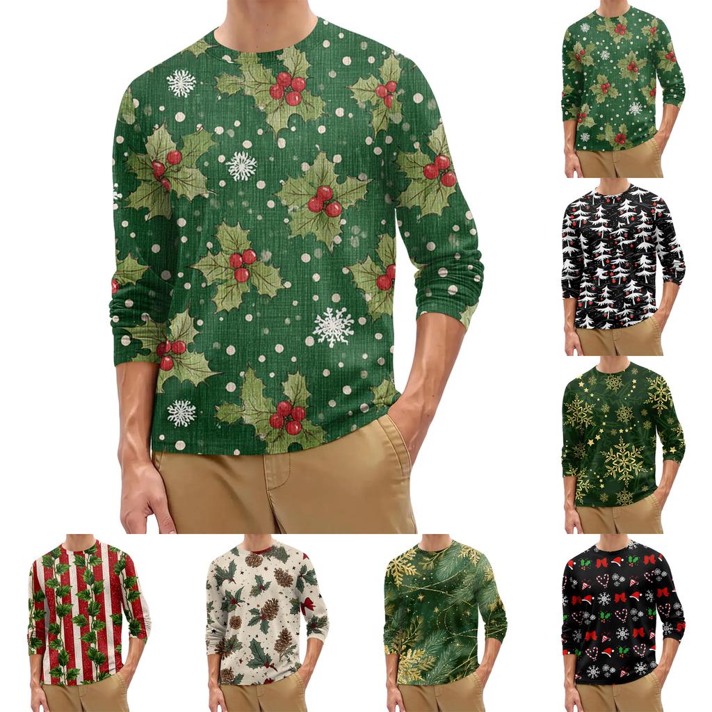 Men's Fashion Printed Round Neck Long Sleeve Bottoming Shirt Top