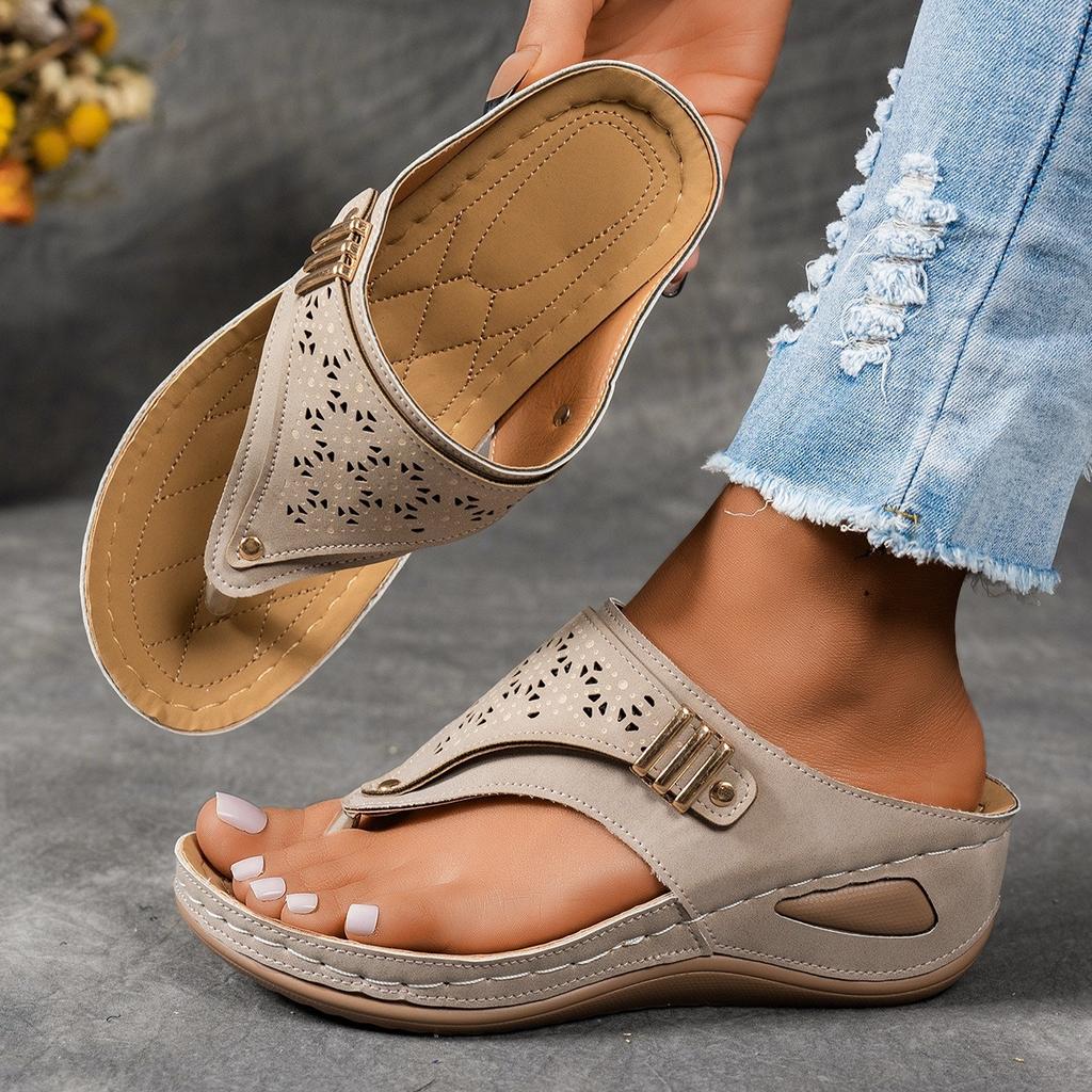 Flop Fashion Flip Thong Womens Sandals Cutout Design Soft Sole Slope Heel Metallic Embellishment Comfortable Beach Flip Flops Womens Sandals