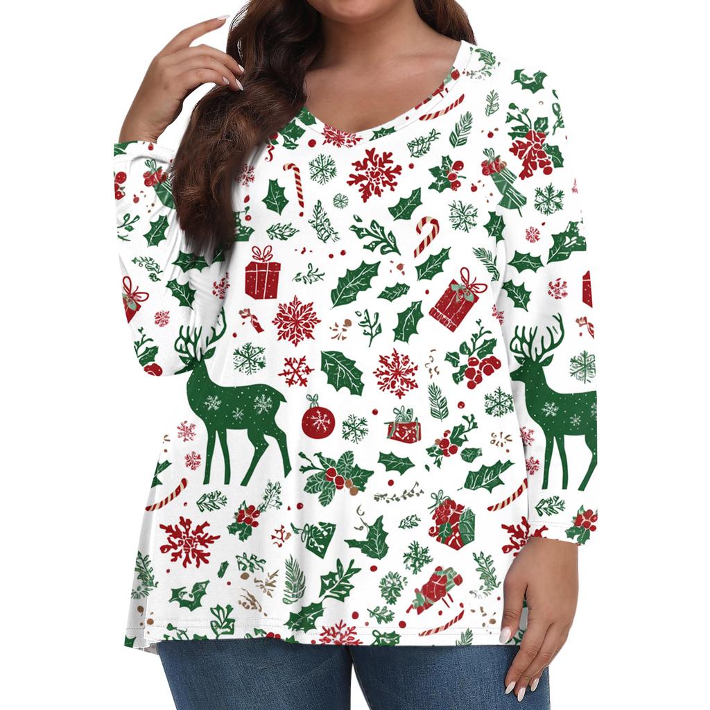 Women's Fashionable Casual Long Sleeved Plus Size Print Top Plus Size Floral Print Top