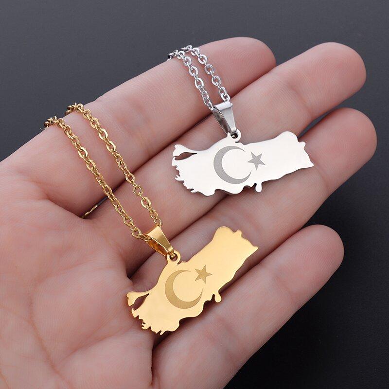 Fashionable Stainless Steel Turkey Map Flag Pendant Necklace for Women Faith Casual Jewelry Gift