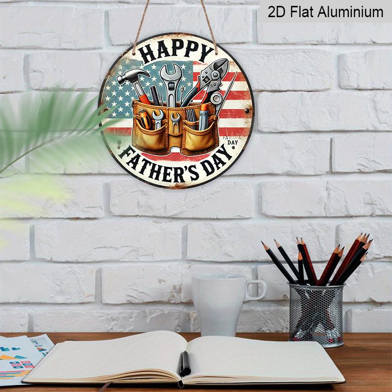 2D Flat, 1pc Vintage Father's Day Metal Aluminum Sign - "Happy Father's Day" with Tool Bucket & American Flag Design, Ideal Wall Decor for Home, Bar