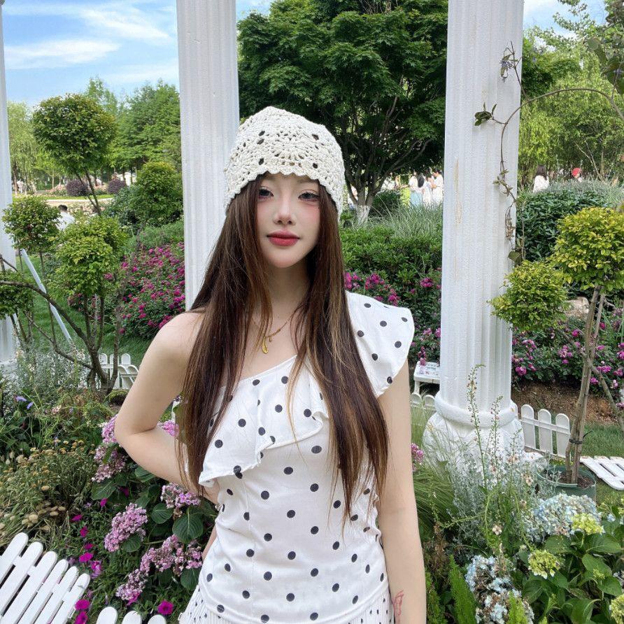 Dámský ručně pletený klobouk ve stylu japonském stylu, tenký dutý vlněný klobouk, retro literární pletený ležérní klobouk