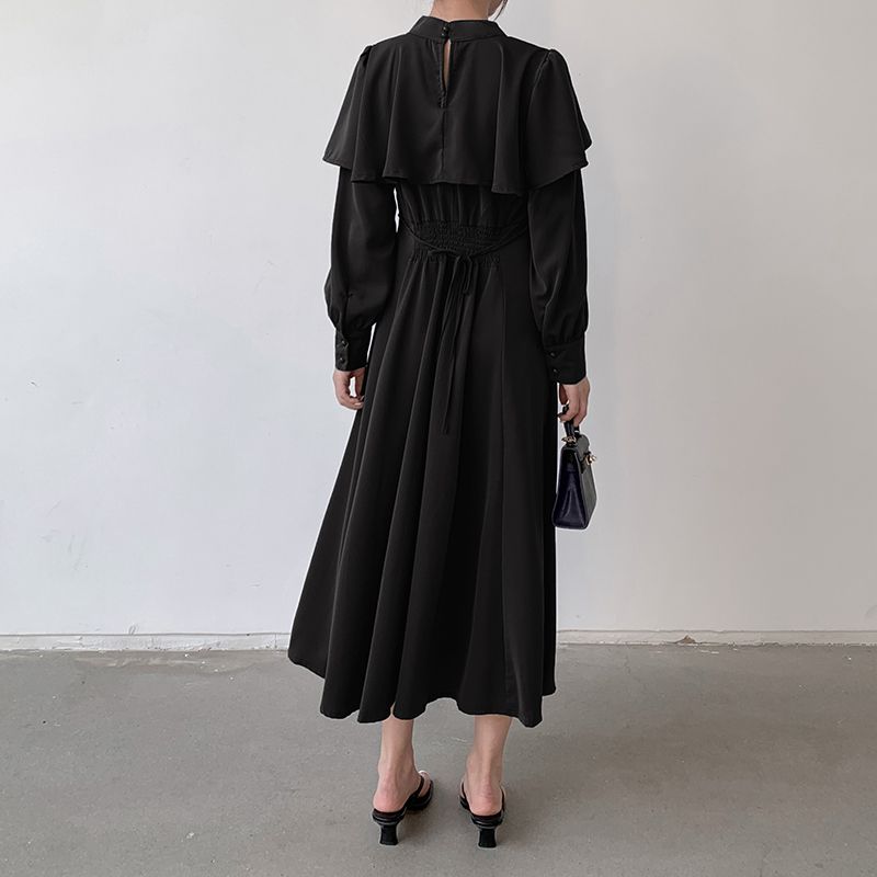 

New Fall Women s Clothing Mid Length Long Length Waist-Tight Slim Looking Ol Ruffles High Waist Long Sleeves Dress Street Pure Color Dress Black M