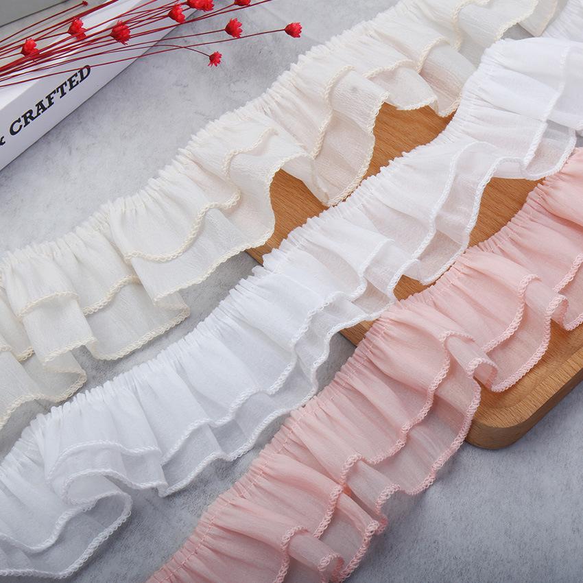 4Meters/lot 5cm double-layer chiffon lotus leaf pleated lace toy skirt clothing curtain pleated decorative lace