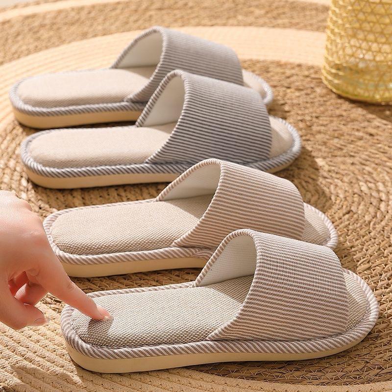 Japanese linen slippers spring and autumn men's stripes breathable indoor silent home non-slip four seasons cotton and linen slippers men's summer