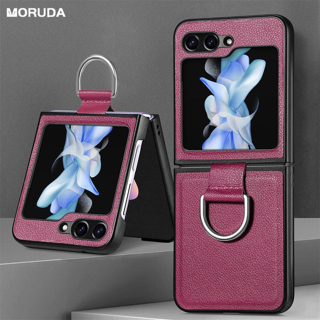 Skórzane etui ze wzorem liczi do Samsung Z Flip 6 4 3 2 1 z pierścieniem Etui na telefon do Galaxy Z Flip 3 4 Jednokolorowe Miękkie etui