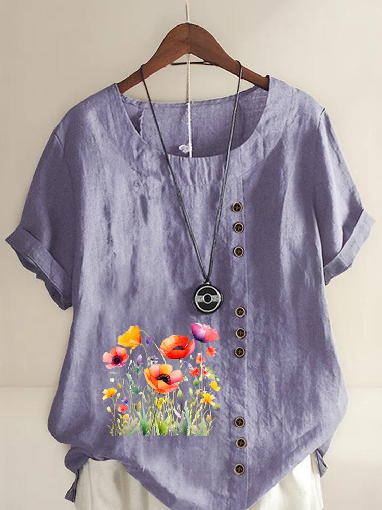Women's Fashion Flower Print Casual Cotton Linen Short Sleeve Round Neck T-shirt Shirt Leisure Loose Summer Blouse Tops
