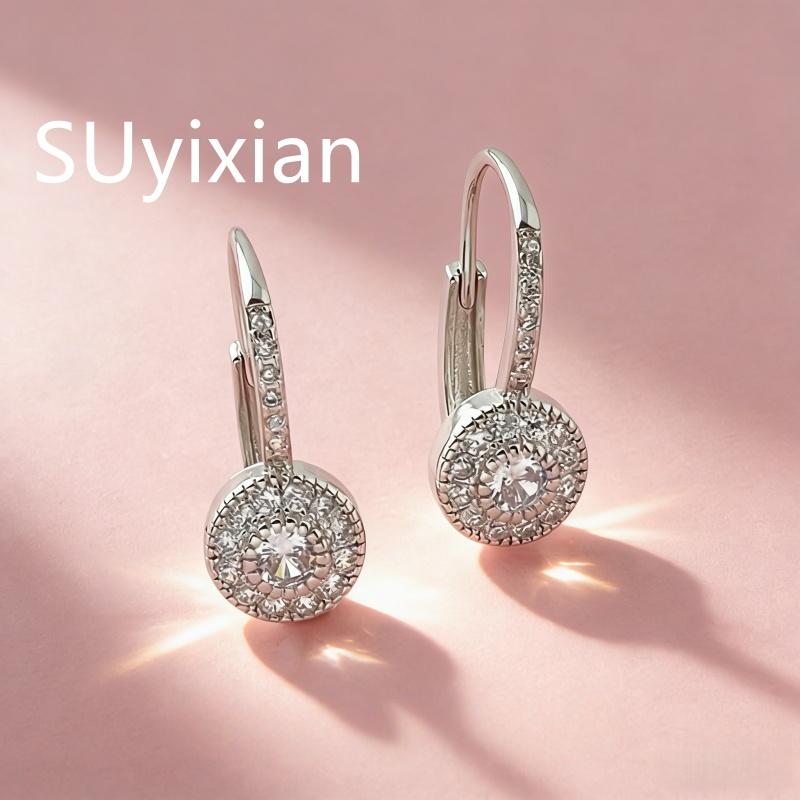 925 Sterling Silver Simple and Generous Fashion Micro-inlaid Zircon Round Earrings Birthday Party Anniversary Gift