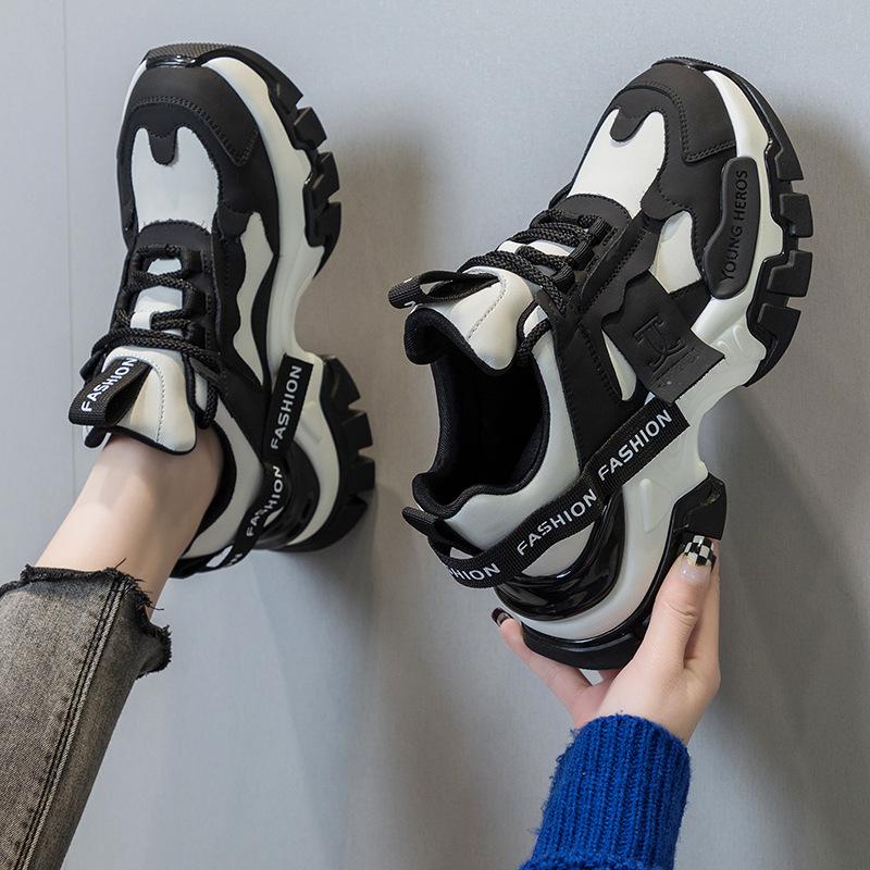 Daddy Shoes Autumn Women's Fashion Platform Black Sneakers Leather Versatile Non-slip Heightening Casual Shoes