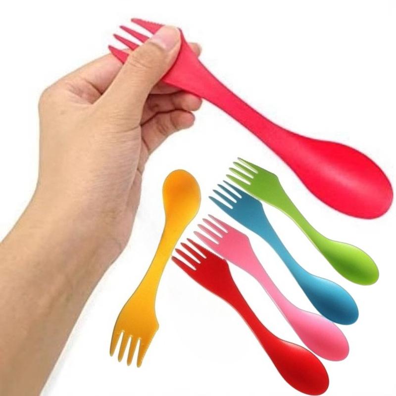 6 Stück 3-in-1 Messer Gabel Löffel Tragbares Outdoor-Geschirr Kinderlöffel Reise-Set Essenswerkzeug Wander-Camping-Geschirr Schnittverletzungen vermeiden
