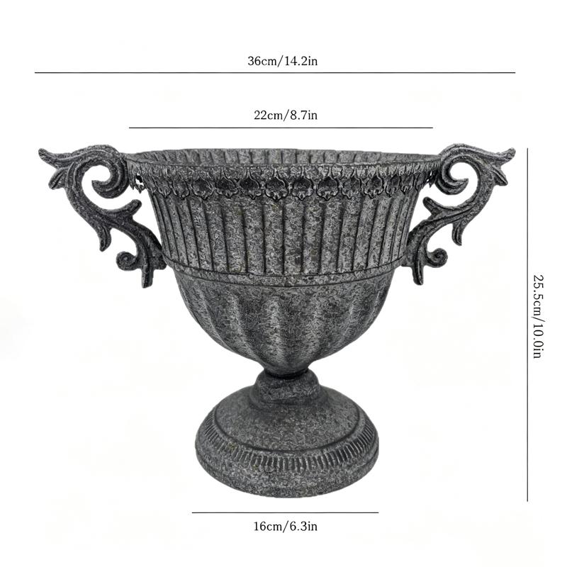 Rustic Gray Iron Flower Vase With Handles Vintage Goblet-Shaped Planter Decor Flower Pot for Home Garden Patio Table Centerpiece